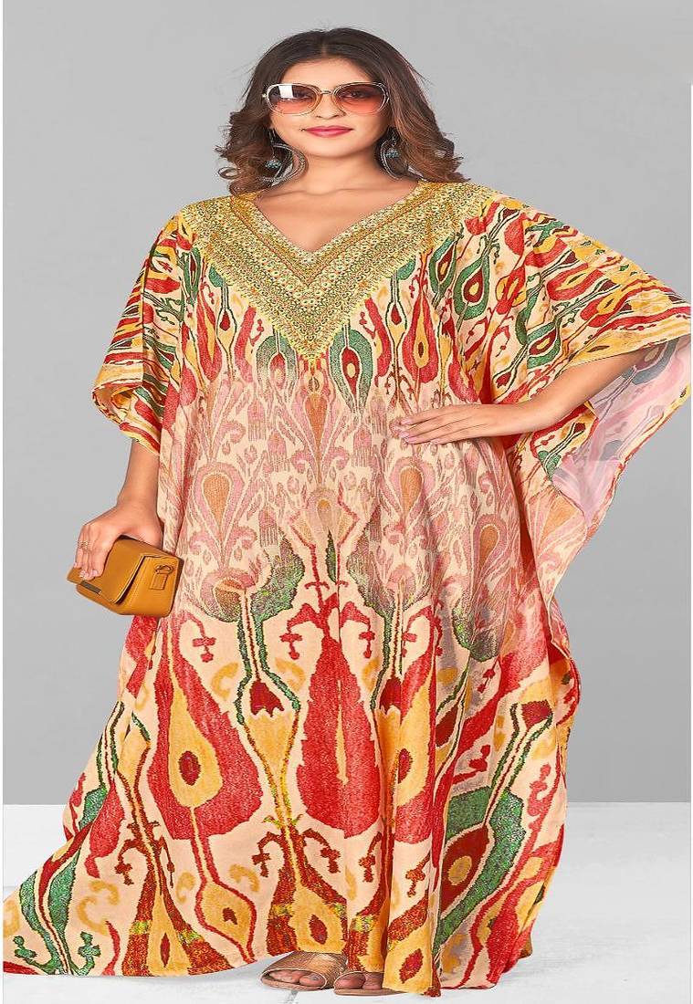 Multicolor digital printed stone work polyester crepe kaftan full- stitched - free size 