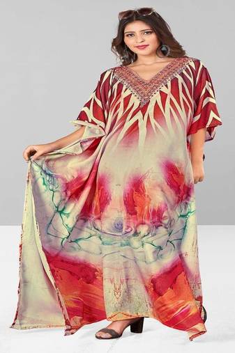 Multicolor digital printed stone work polyester crepe kaftan full- stitched - free size 