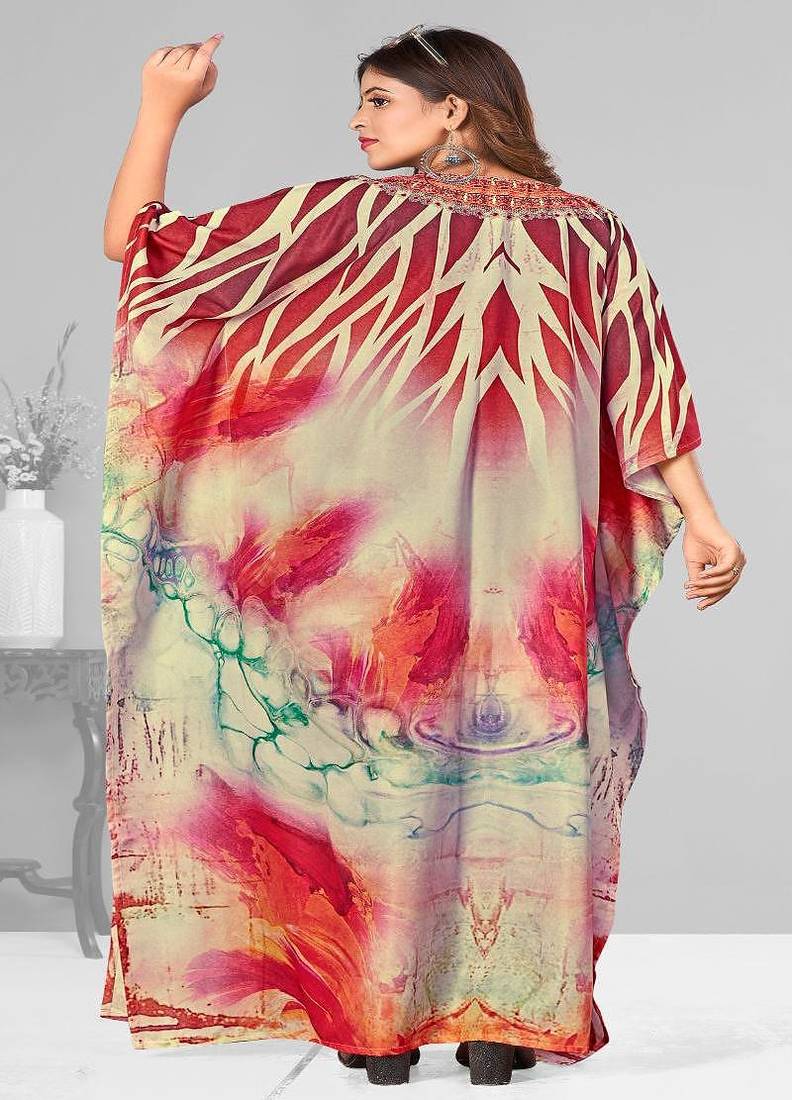 Multicolor digital printed stone work polyester crepe kaftan full- stitched - free size 