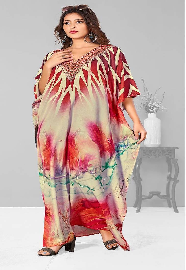 Multicolor digital printed stone work polyester crepe kaftan full- stitched - free size 