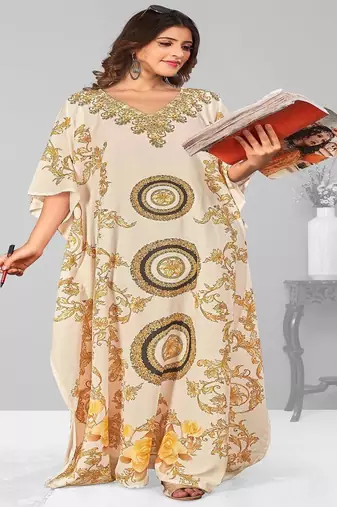 Multicolor digital printed stone work polyester crepe kaftan full- stitched - free size 