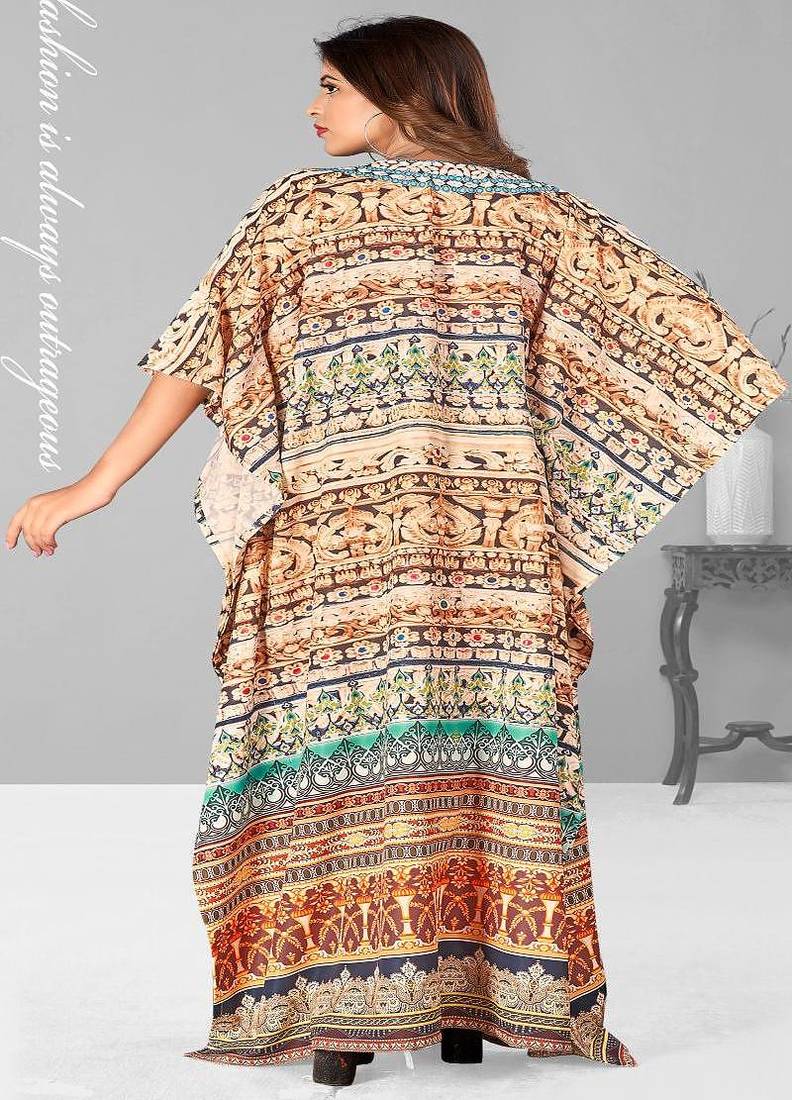 Multicolor digital printed stone work polyester crepe kaftan full- stitched - free size 