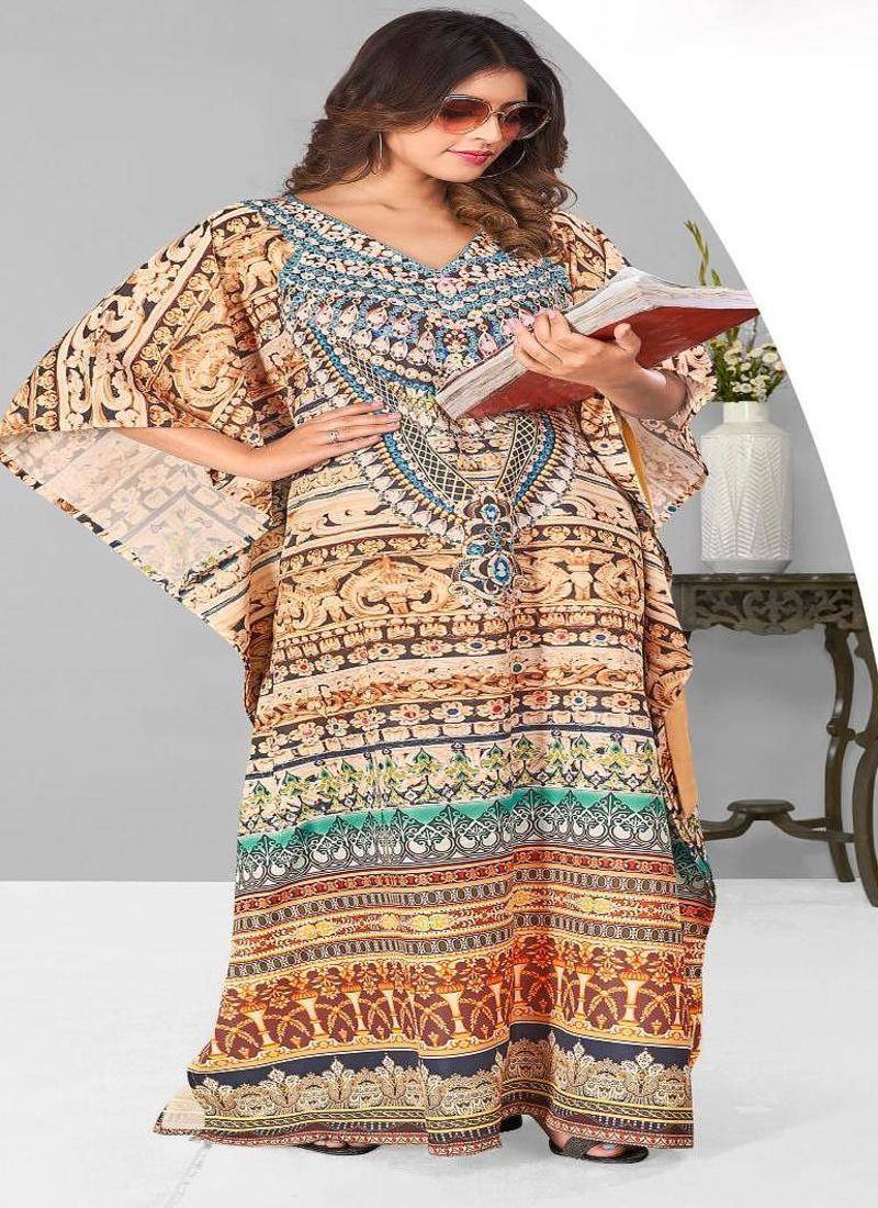 Multicolor digital printed stone work polyester crepe kaftan full- stitched - free size 