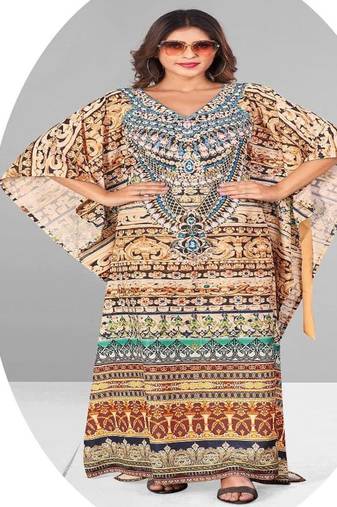 Multicolor digital printed stone work polyester crepe kaftan full- stitched - free size 