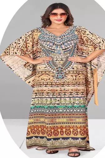 Multicolor digital printed stone work polyester crepe kaftan full- stitched - free size 