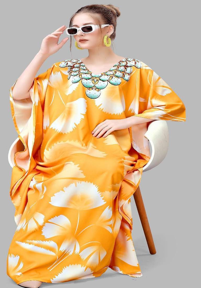 Multicolor digital printed stone work polyester crepe kaftan full- stitched - free size 