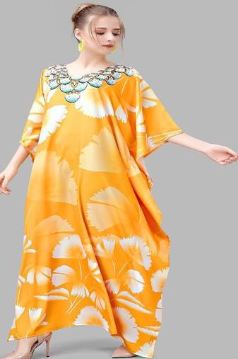 Multicolor digital printed stone work polyester crepe kaftan full- stitched - free size 