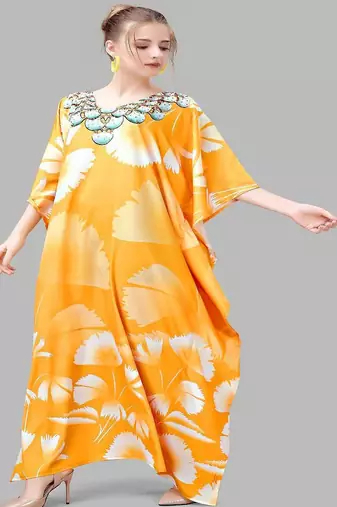 Multicolor digital printed stone work polyester crepe kaftan full- stitched - free size 