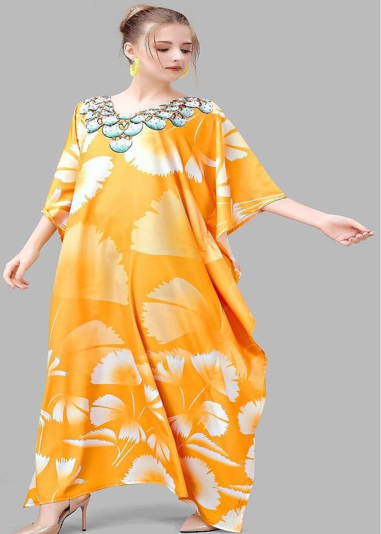 Multicolor digital printed stone work polyester crepe kaftan full- stitched - free size 