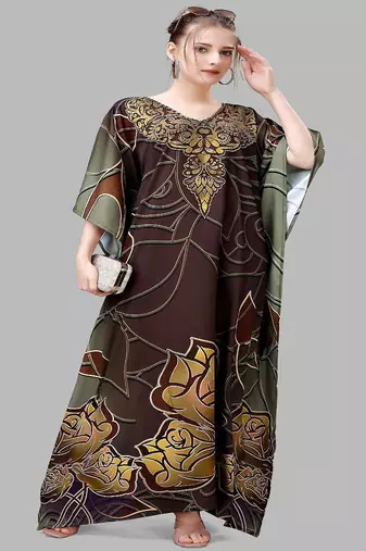 Multicolor digital printed stone work polyester crepe kaftan full- stitched - free size 