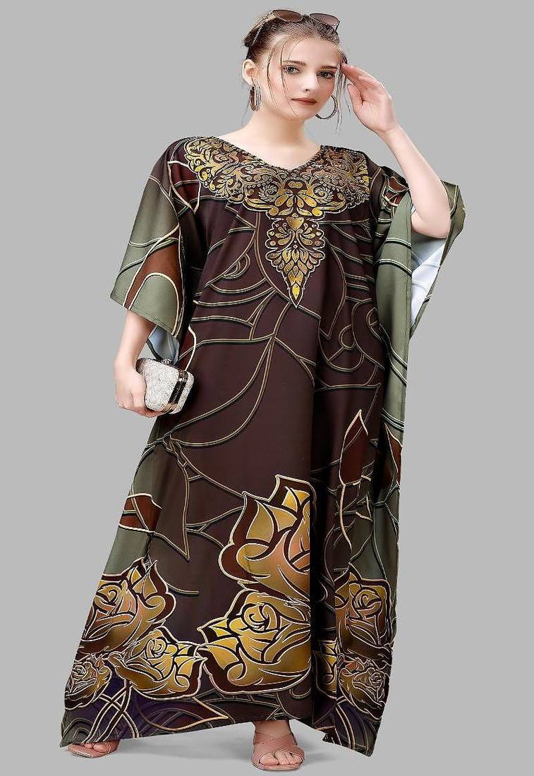 Multicolor digital printed stone work polyester crepe kaftan full- stitched - free size 