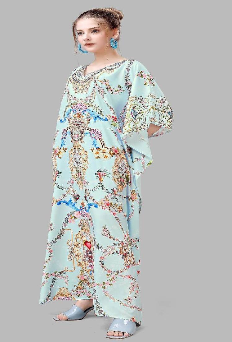 Multicolor digital printed stone work polyester crepe kaftan full- stitched - free size 