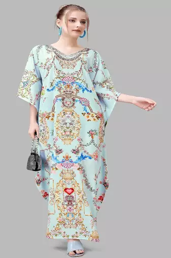 Multicolor digital printed stone work polyester crepe kaftan full- stitched - free size 