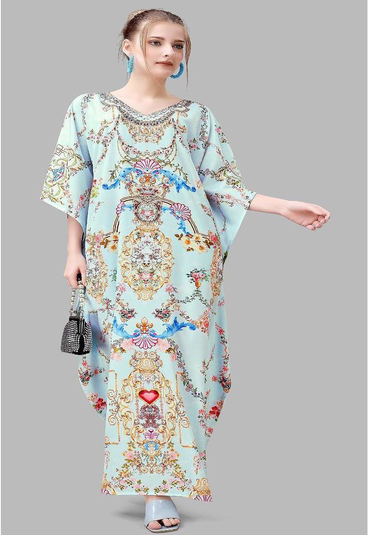 Multicolor digital printed stone work polyester crepe kaftan full- stitched - free size 