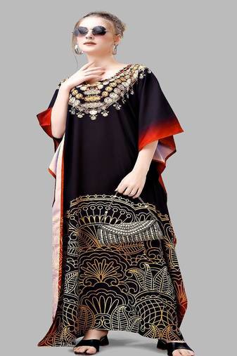 Multicolor digital printed stone work polyester crepe kaftan full- stitched - free size 