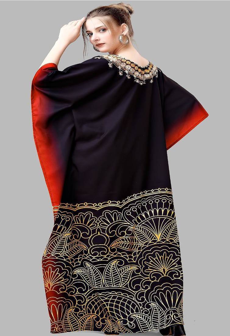 Multicolor digital printed stone work polyester crepe kaftan full- stitched - free size 