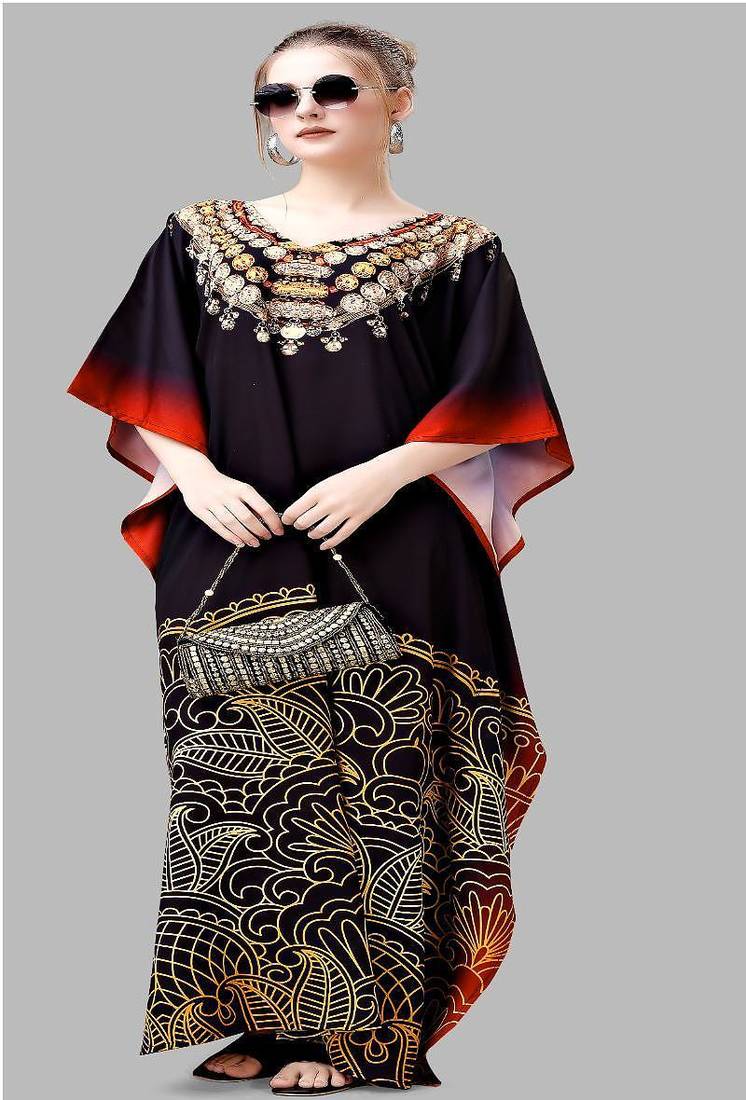 Multicolor digital printed stone work polyester crepe kaftan full- stitched - free size 