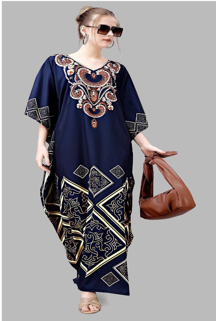 Multicolor digital printed stone work polyester crepe kaftan full- stitched - free size 
