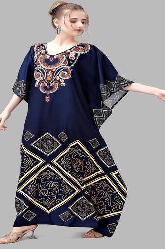 Multicolor digital printed stone work polyester crepe kaftan full- stitched - free size 