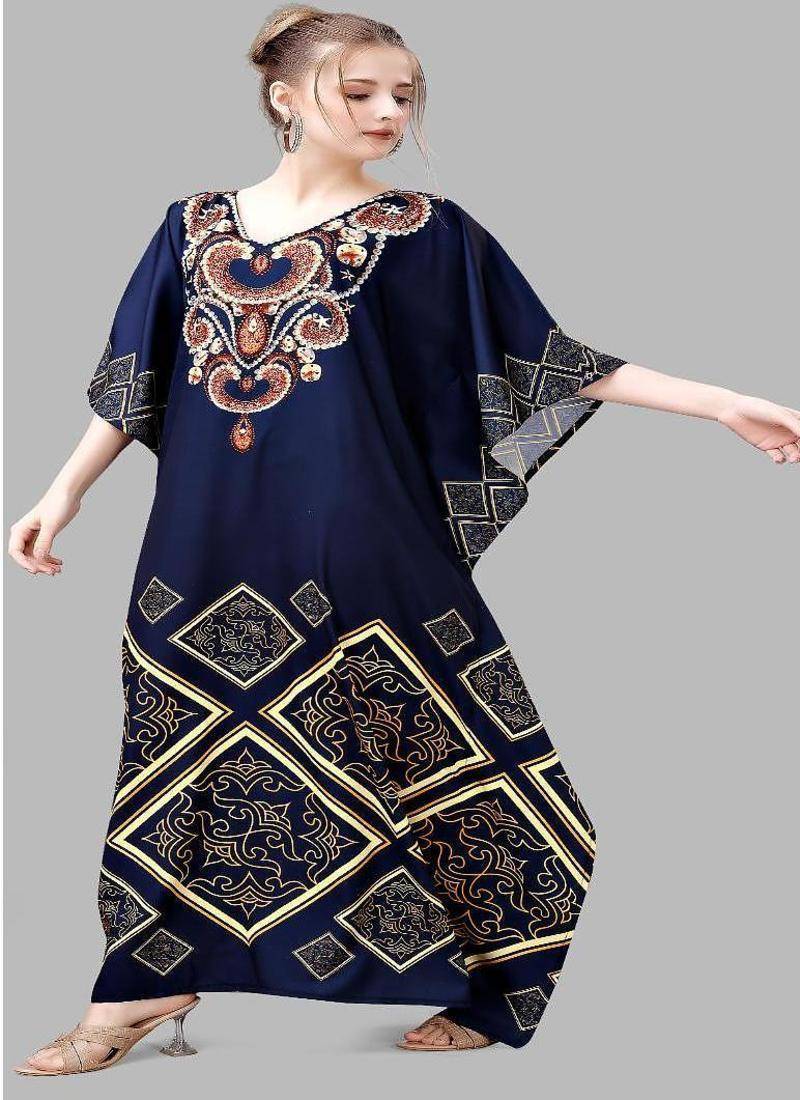 Multicolor digital printed stone work polyester crepe kaftan full- stitched - free size 
