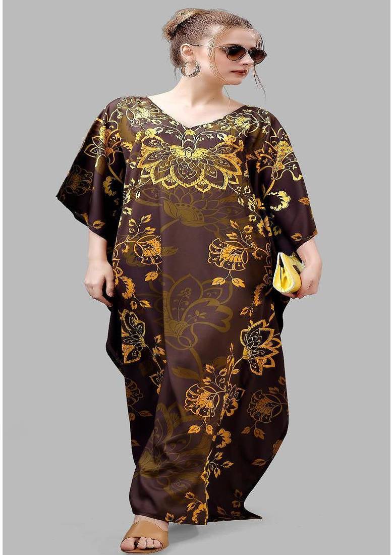 Multicolor digital printed stone work polyester crepe kaftan full- stitched - free size 