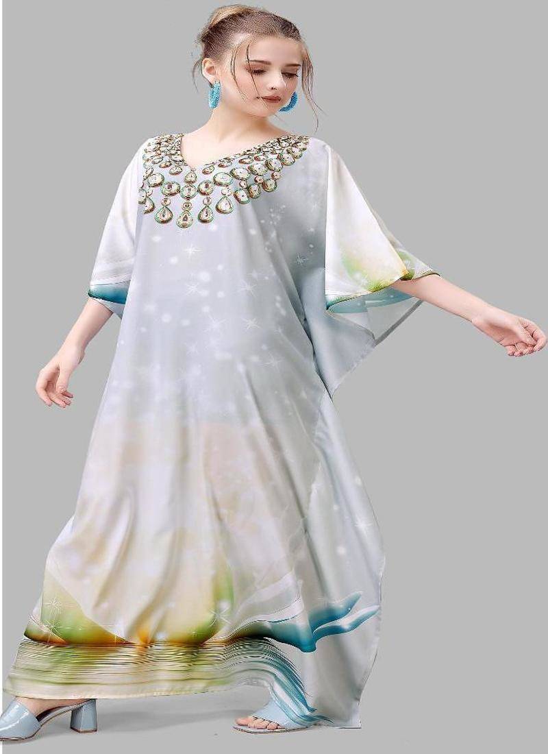 Multicolor digital printed stone work polyester crepe kaftan full- stitched - free size 