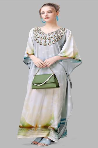 Multicolor digital printed stone work polyester crepe kaftan full- stitched - free size 