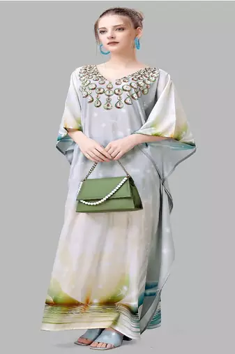 Multicolor digital printed stone work polyester crepe kaftan full- stitched - free size 