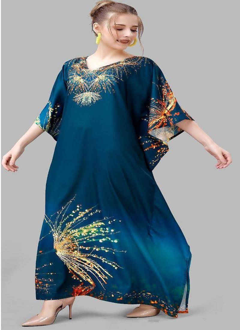 Multicolor digital printed stone work polyester crepe kaftan full- stitched - free size 