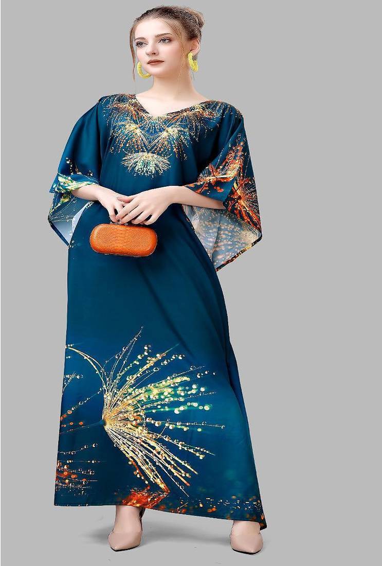 Multicolor digital printed stone work polyester crepe kaftan full- stitched - free size 