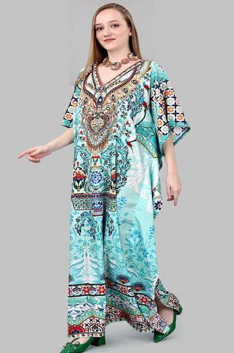 Multicolor digital printed stone work polyester crepe kaftan full- stitched - free size 