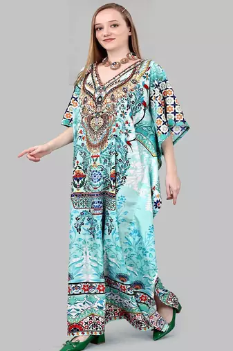 Multicolor digital printed stone work polyester crepe kaftan full- stitched - free size 