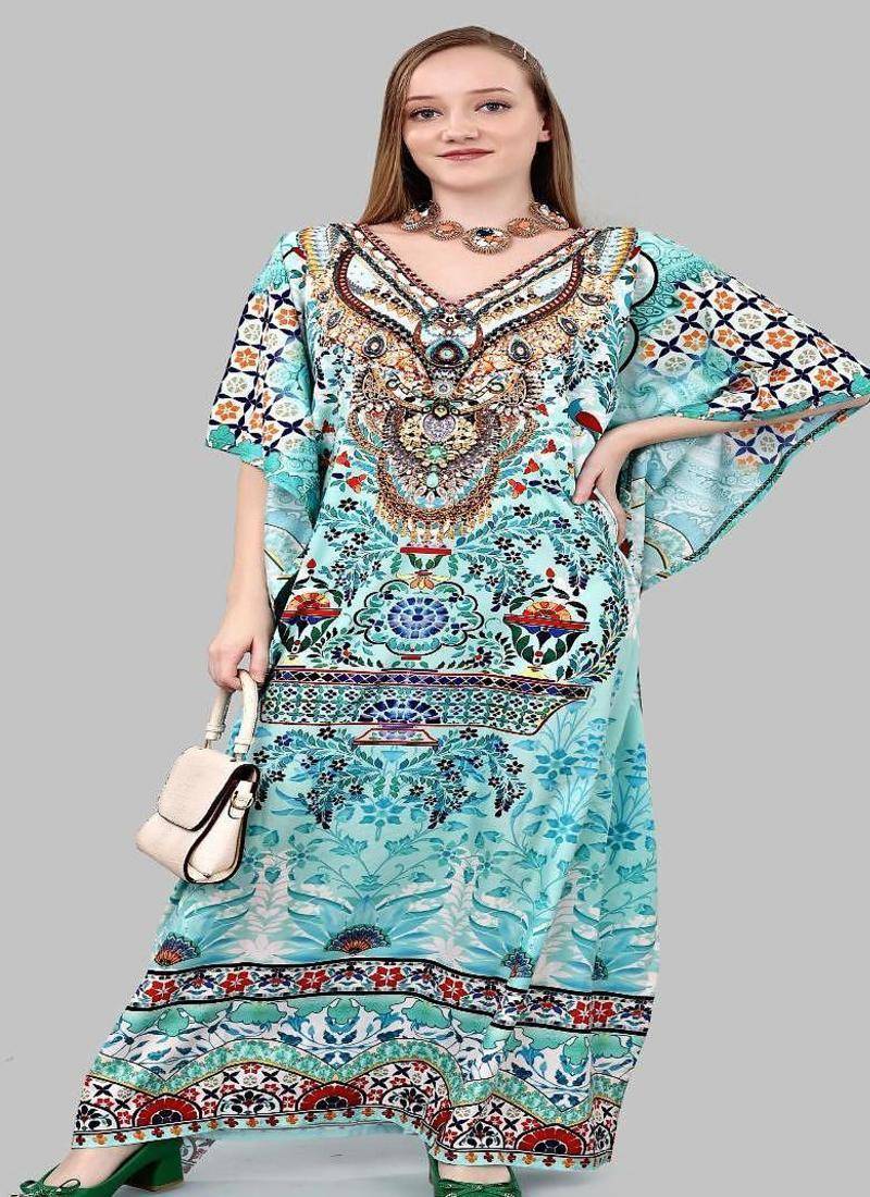 Multicolor digital printed stone work polyester crepe kaftan full- stitched - free size 