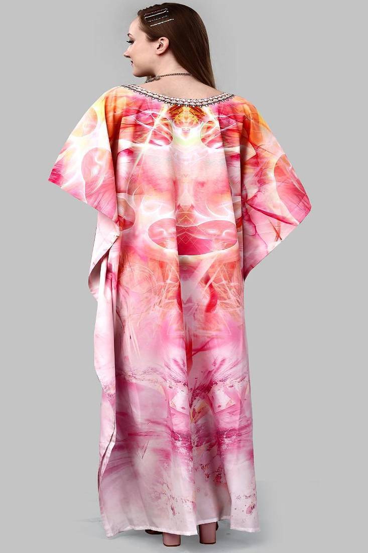 Multicolor digital printed stone work polyester crepe kaftan full- stitched - free size 