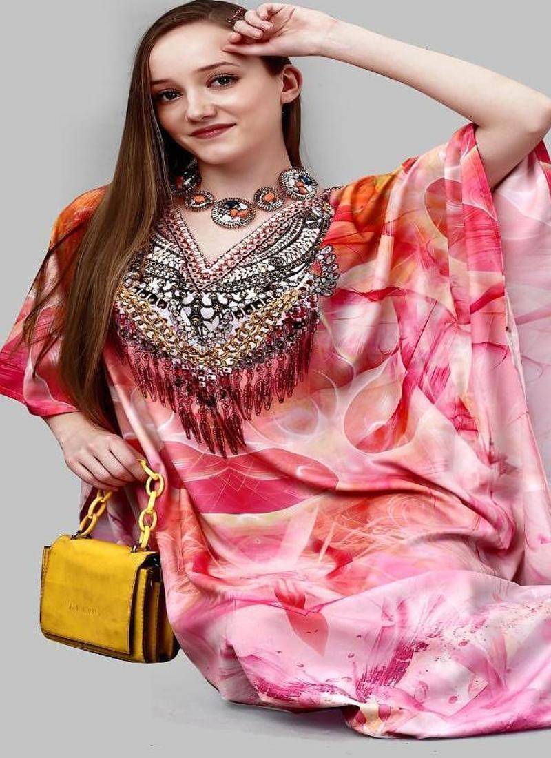 Multicolor digital printed stone work polyester crepe kaftan full- stitched - free size 