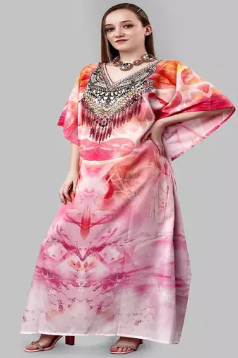 Multicolor digital printed stone work polyester crepe kaftan full- stitched - free size 