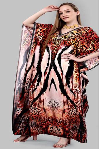 Multicolor digital printed stone work polyester crepe kaftan full- stitched - free size 