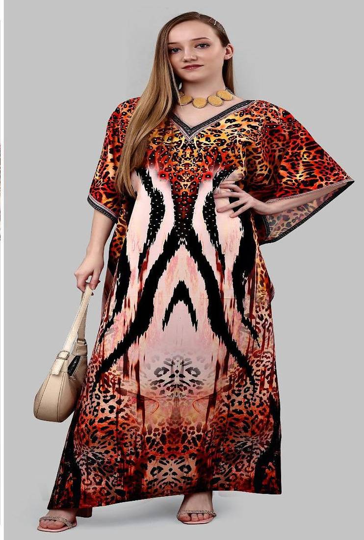 Multicolor digital printed stone work polyester crepe kaftan full- stitched - free size 
