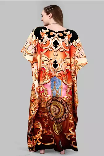 Multicolor digital printed stone work polyester crepe kaftan full- stitched - free size 