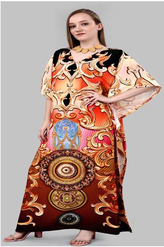 Multicolor digital printed stone work polyester crepe kaftan full- stitched - free size 
