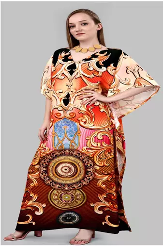 Multicolor digital printed stone work polyester crepe kaftan full- stitched - free size 
