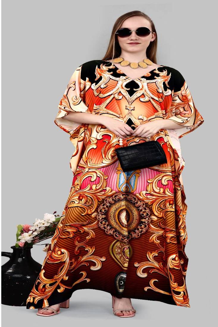 Multicolor digital printed stone work polyester crepe kaftan full- stitched - free size 