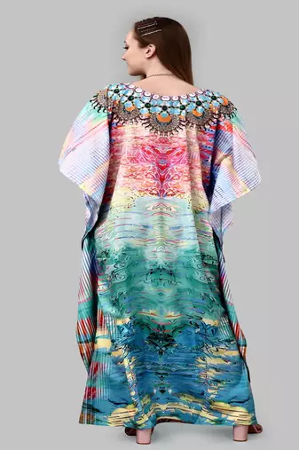 Multi digital print with stone work polyester crepe designer kaftan free size (m up to 3xl)