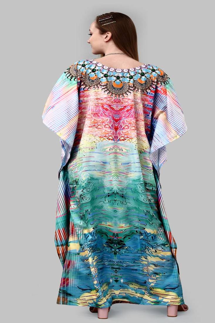 Multicolor digital printed stone work polyester crepe kaftan full- stitched - free size 