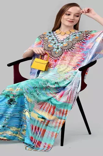 Multi digital print with stone work polyester crepe designer kaftan free size (m up to 3xl)