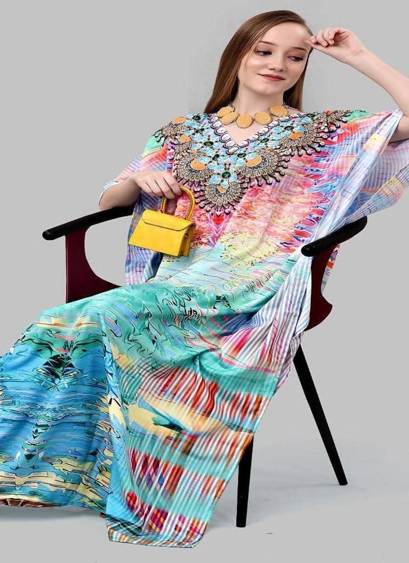 Multicolor digital printed stone work polyester crepe kaftan full- stitched - free size 