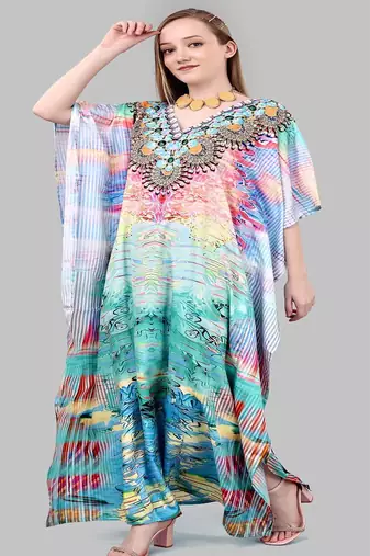 Multicolor digital printed stone work polyester crepe kaftan full- stitched - free size 