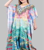 Multicolor digital printed stone work polyester crepe kaftan full- stitched - free size 