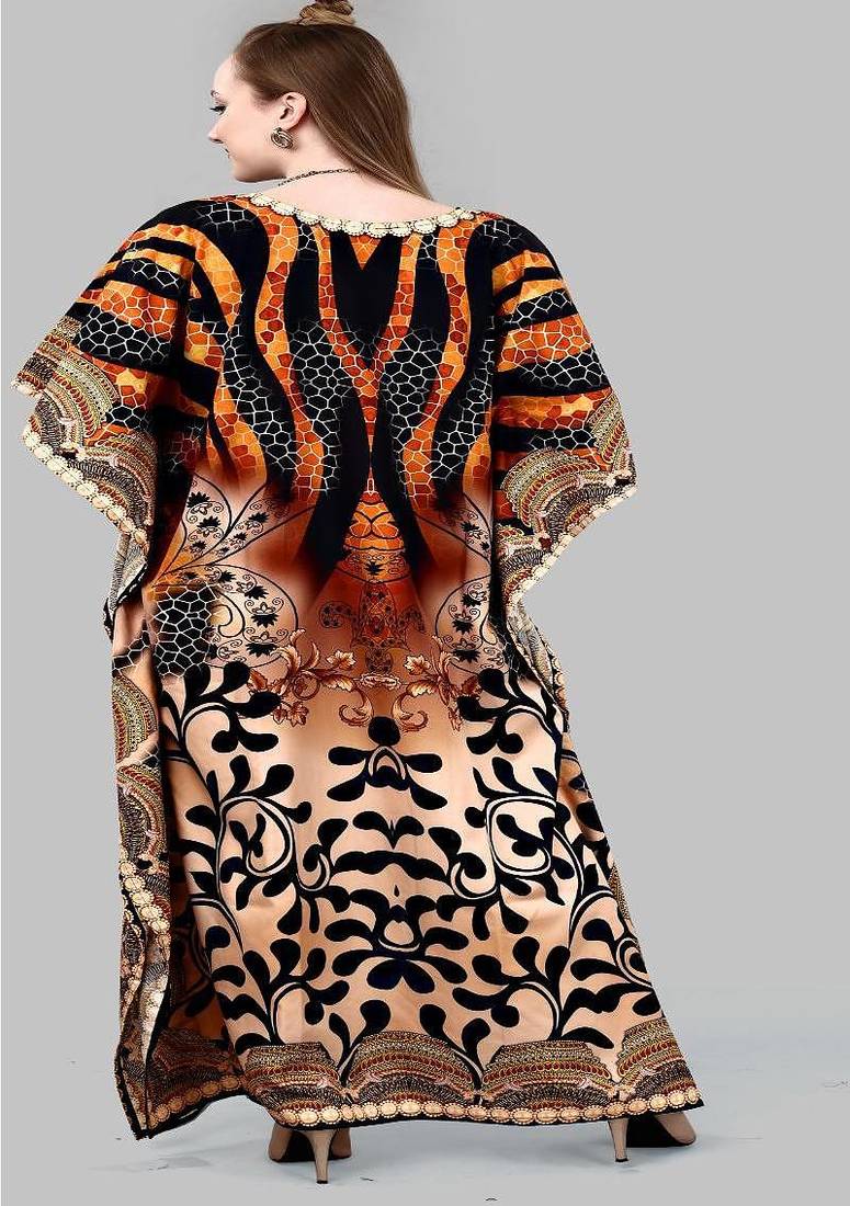 Multicolor digital printed stone work polyester crepe kaftan full- stitched - free size 