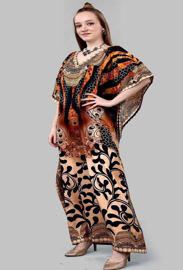 Multicolor digital printed stone work polyester crepe kaftan full- stitched - free size 